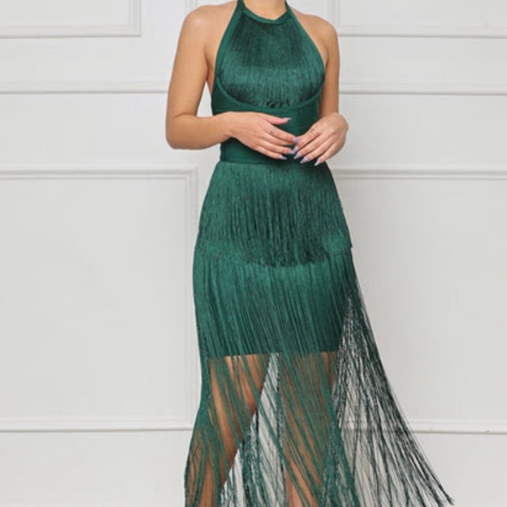 Green Fringe Halter Dress - Elegant Evening Dress
